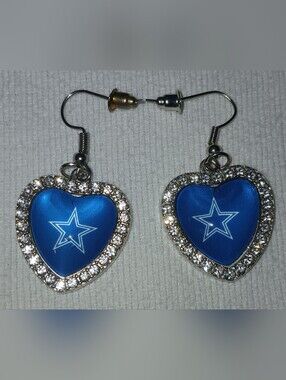 NWT Handcrafted Blue Star Heart Dangle Earrings with Crystal Halo